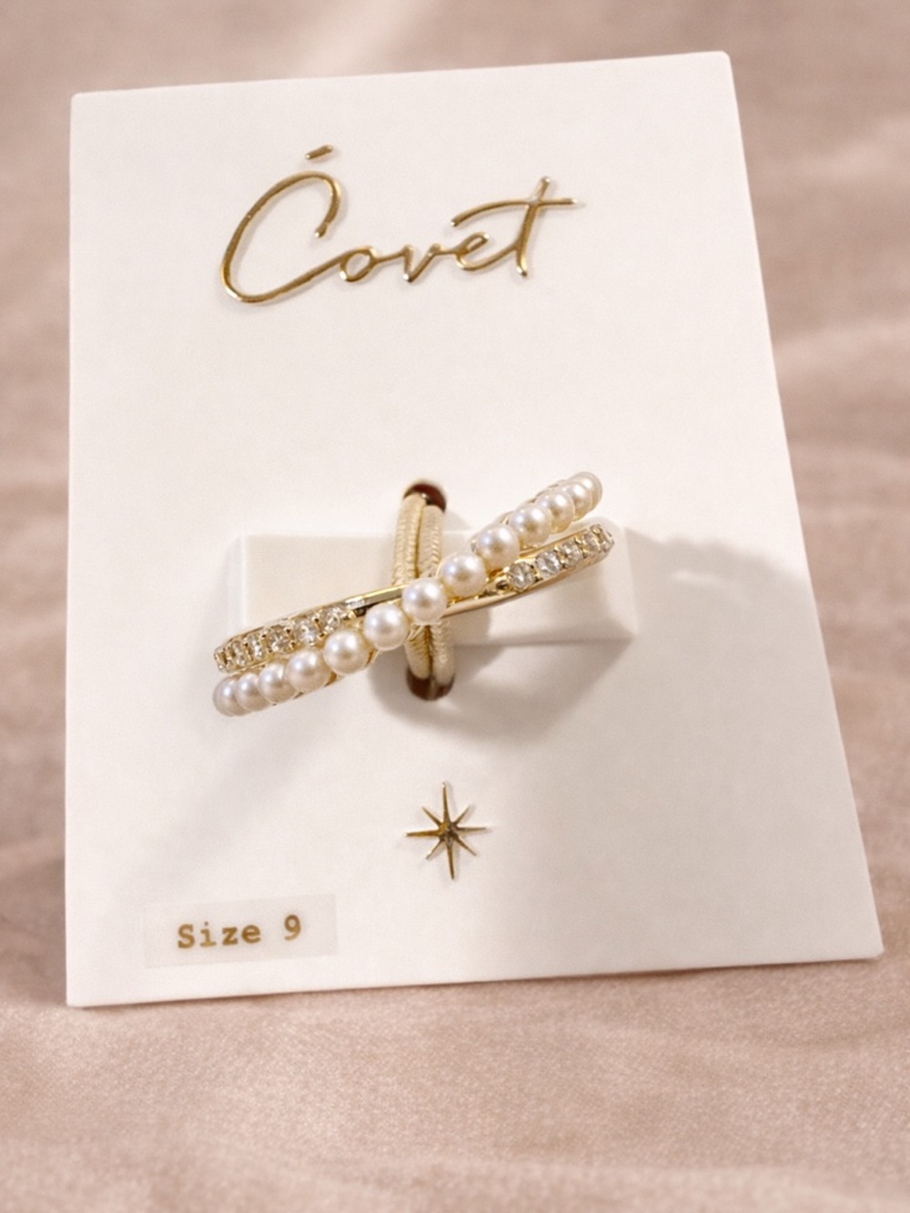 Covet Gold Pearl & Crystal Crossover Ring - White Pearls (Size 9)
